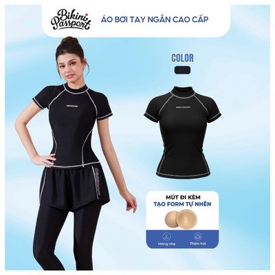 Áo bơi lẻ Nữ BIKINI PASSPORT kiểu Áo bơi tay ngắn may 4 kim - Đen Trắng - BS1041_BL