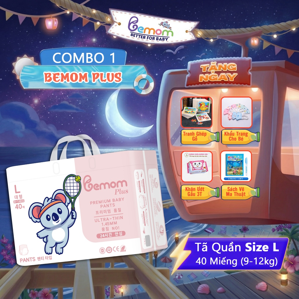 Tã/Bỉm QUẦN Bemom Plus, Bỉm đêm Hàn Quốc Đủ Size Cho Bé Size L 40 Miếng từ 9-12kg