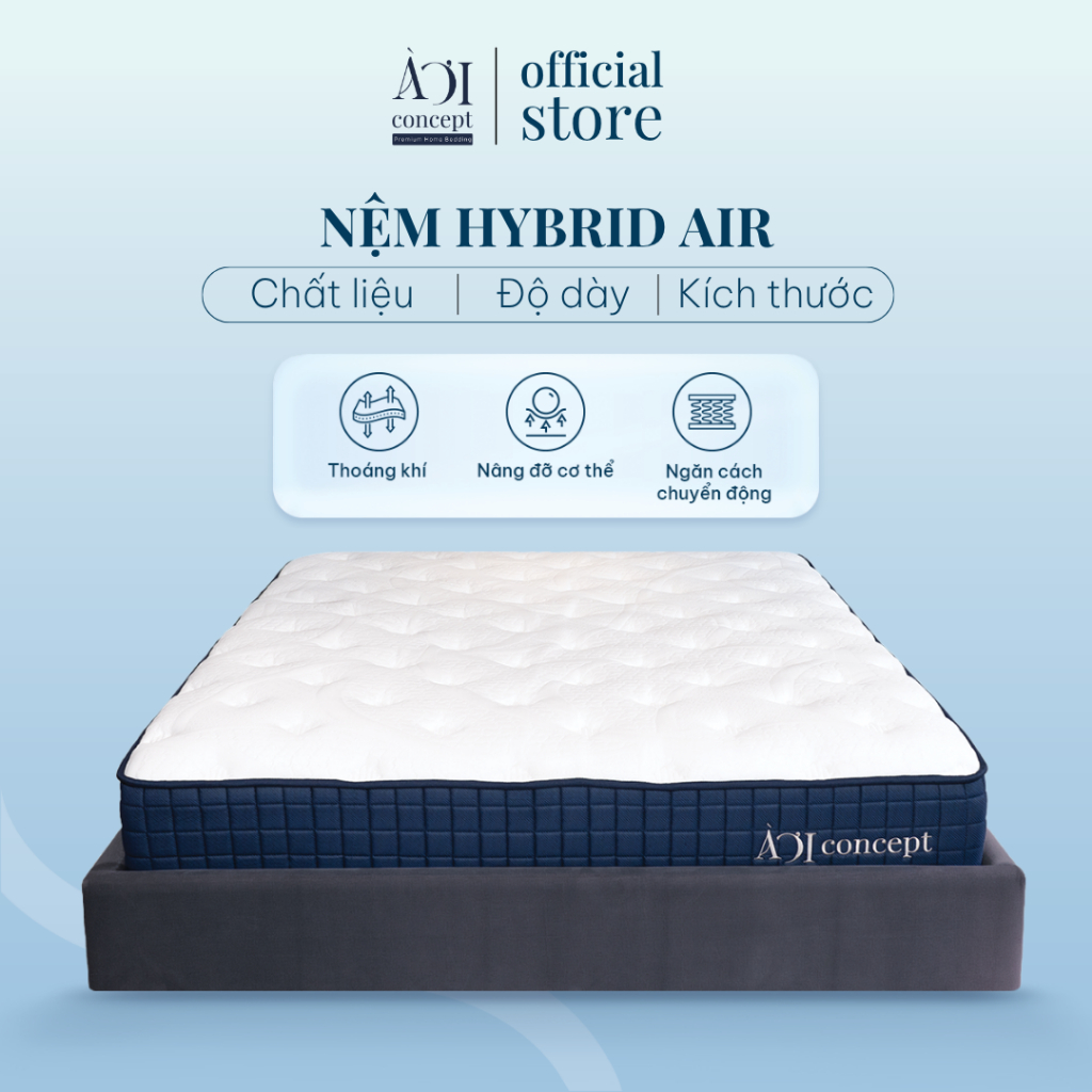 Nệm Hybrid Air Latex AOICONCEPT Size 1m6 & 1m8 cao 25cm Lò Xo Túi Độc Lập 5 Vùng Memory Foam Gel và 
