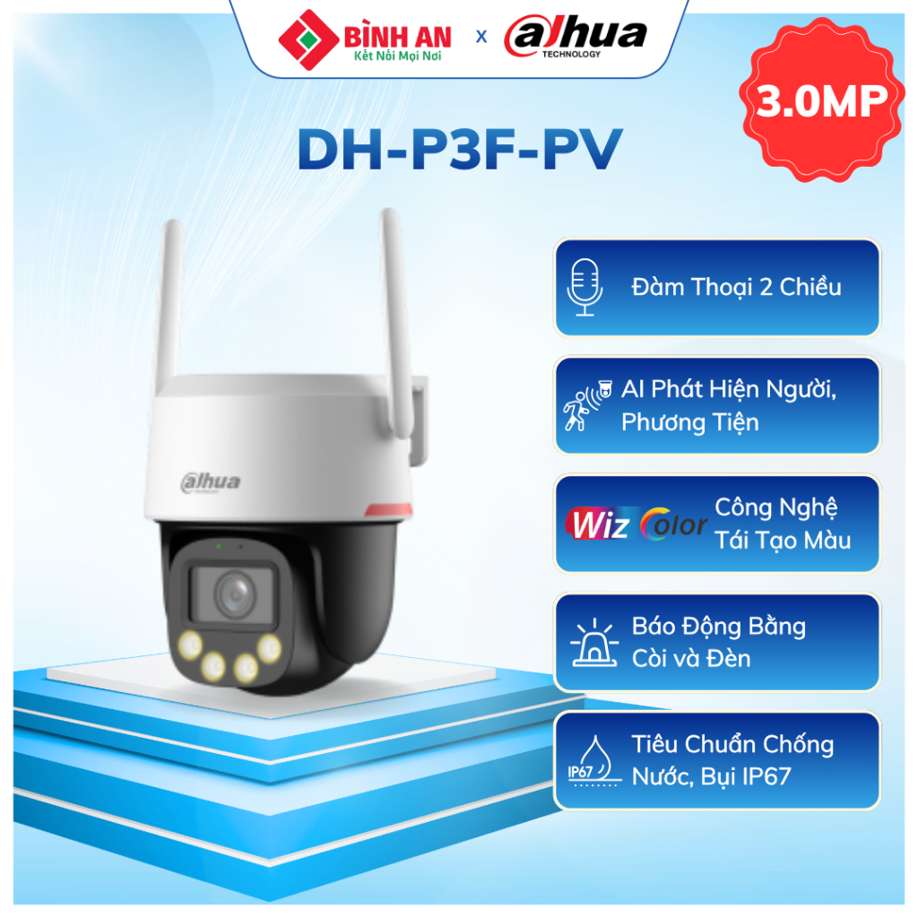 Camera Wifi Ngoài Trời DAHUA DH-P3F-PV | WizColor Chế độ màu ban đêm thông minh | Xoay 360°