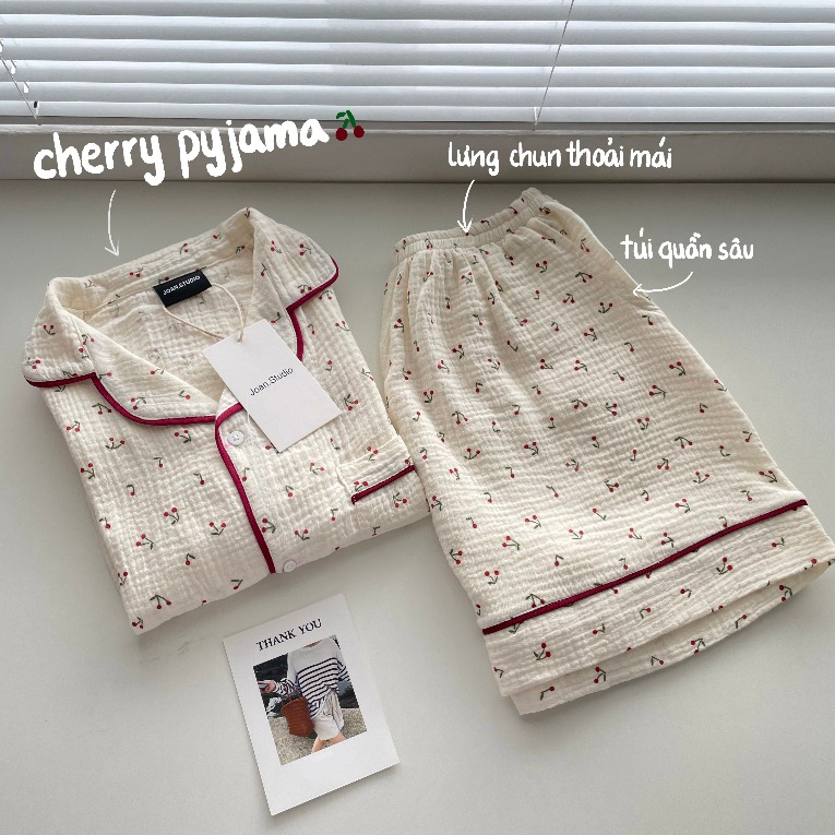 Đồ Ngủ Nữ Ngắn Tay Và Dài Tay - Đồ Mặc Ở Nhà chất liệu Xô Muslin HOA NHÍ CHERRY cao cấp - MUSLIN PJ