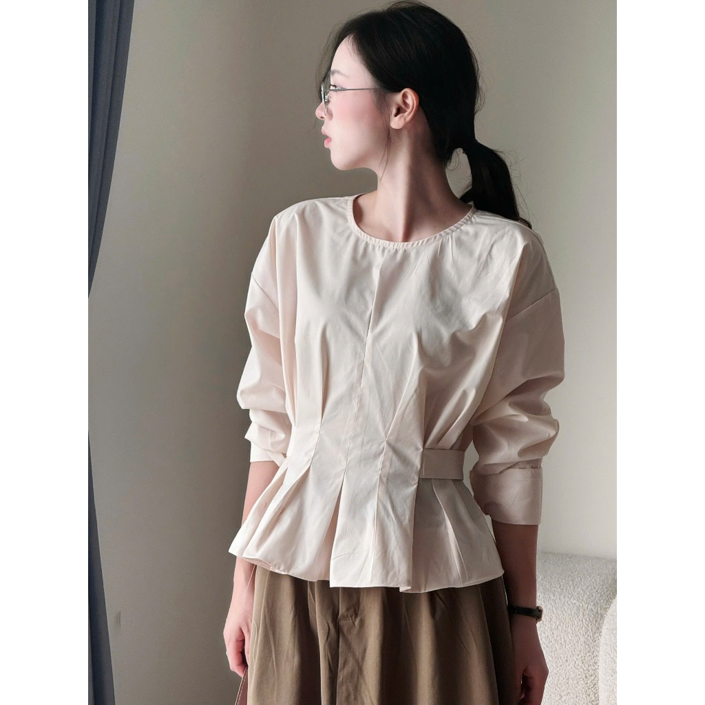 Áo kiểu cổ tròn eo xếp ly dây buộc lưng chất vải thô nến Miho House | BigBuy360 - bigbuy360.vn