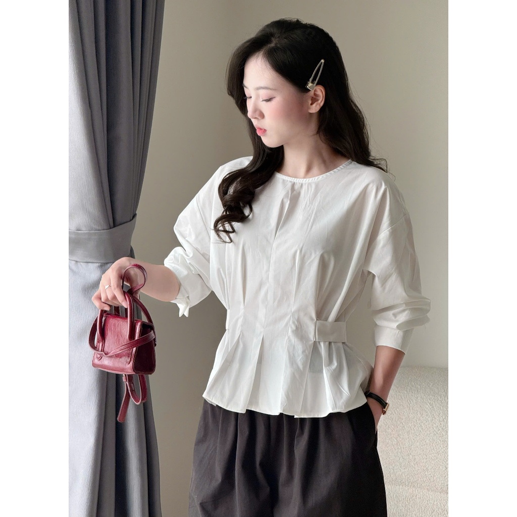 Áo kiểu cổ tròn eo xếp ly dây buộc lưng chất vải thô nến Miho House | BigBuy360 - bigbuy360.vn