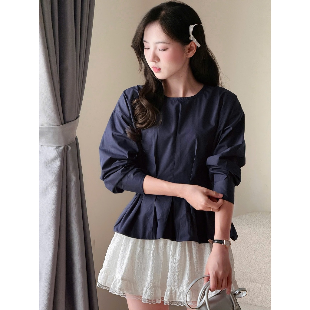 Áo kiểu cổ tròn eo xếp ly dây buộc lưng chất vải thô nến Miho House | BigBuy360 - bigbuy360.vn