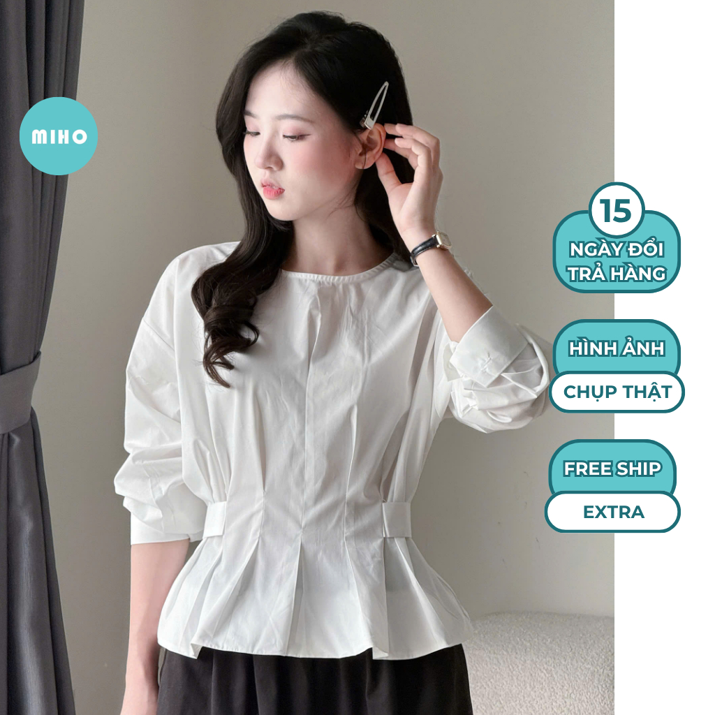 Áo kiểu cổ tròn eo xếp ly dây buộc lưng chất vải thô nến Miho House | BigBuy360 - bigbuy360.vn