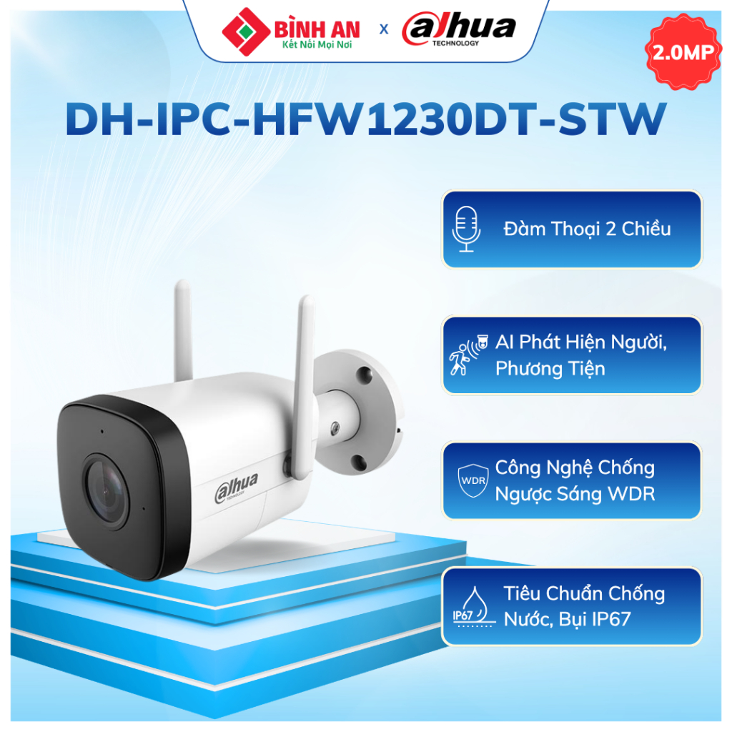 Camera Wifi Ngoài Trời DAHUA DH-IPC-HFW1230DT-STW Hồng ngoại 30m, Tích hợp Mic thu âm, Báo động
