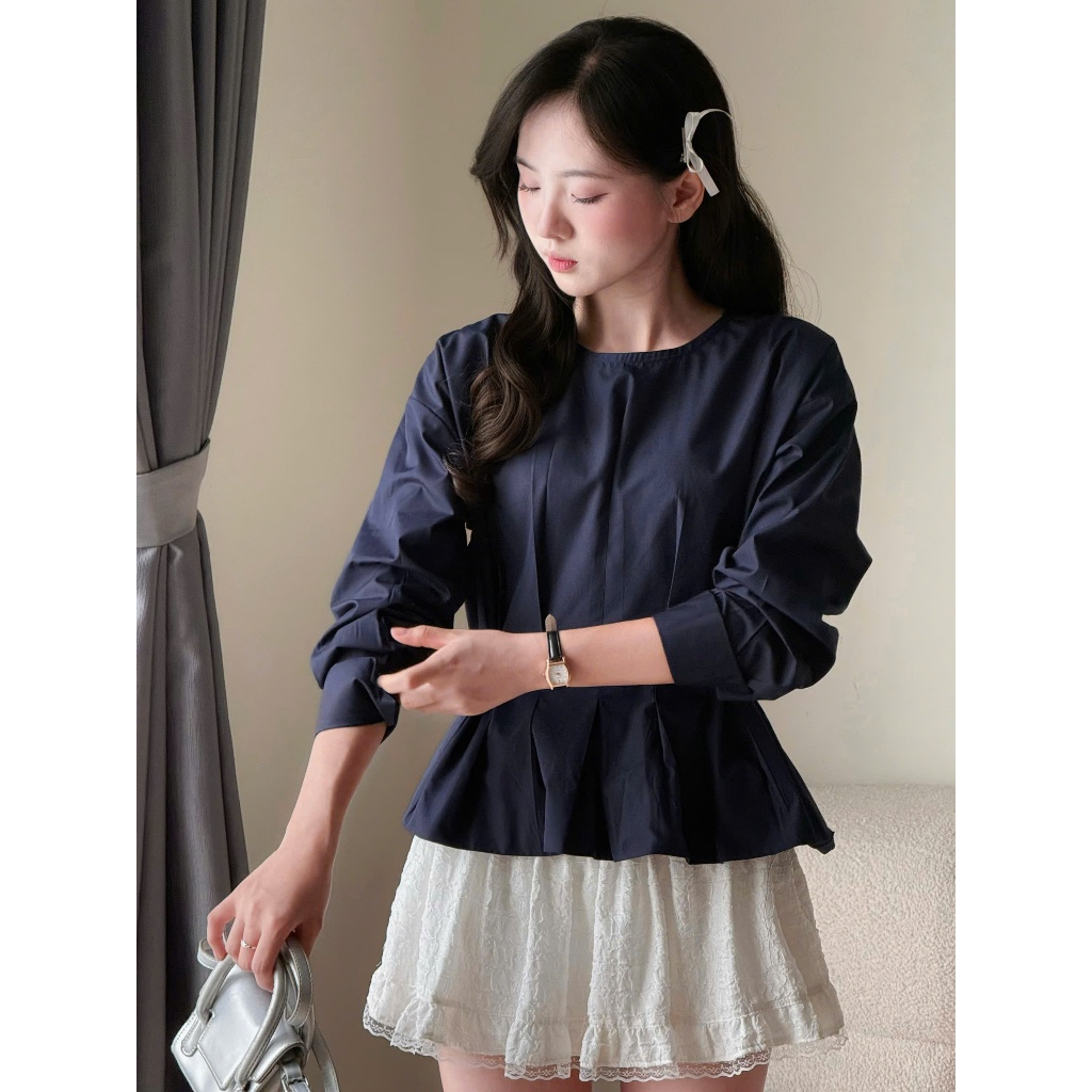 Áo kiểu cổ tròn eo xếp ly dây buộc lưng chất vải thô nến Miho House | BigBuy360 - bigbuy360.vn