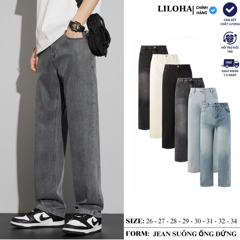 (LILOHA) Quần Jean Dài Nam Màu Xám Trầm Form Suông Ống Rộng Chất Liệu Bò Mềm Phong Cách Hàn Quốc QC1