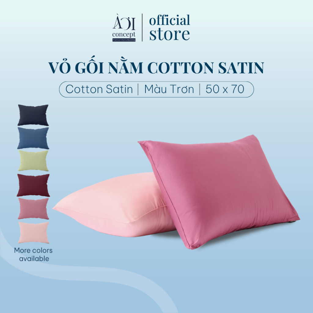 Vỏ Gối Nằm Cotton Satin Hàn Quốc Cao Cấp AOICONCEPT Màu Trơn Size 50x70 cm Sản Xuất Tại Việt Nam