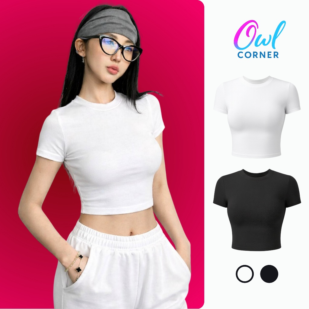 Áo Croptop TAY NGẮN CỔ TRÒN TRƠN Chất Thun Gân CR66, Áo Thun Nữ Ôm Body Kiểu Basic OWL CORNER