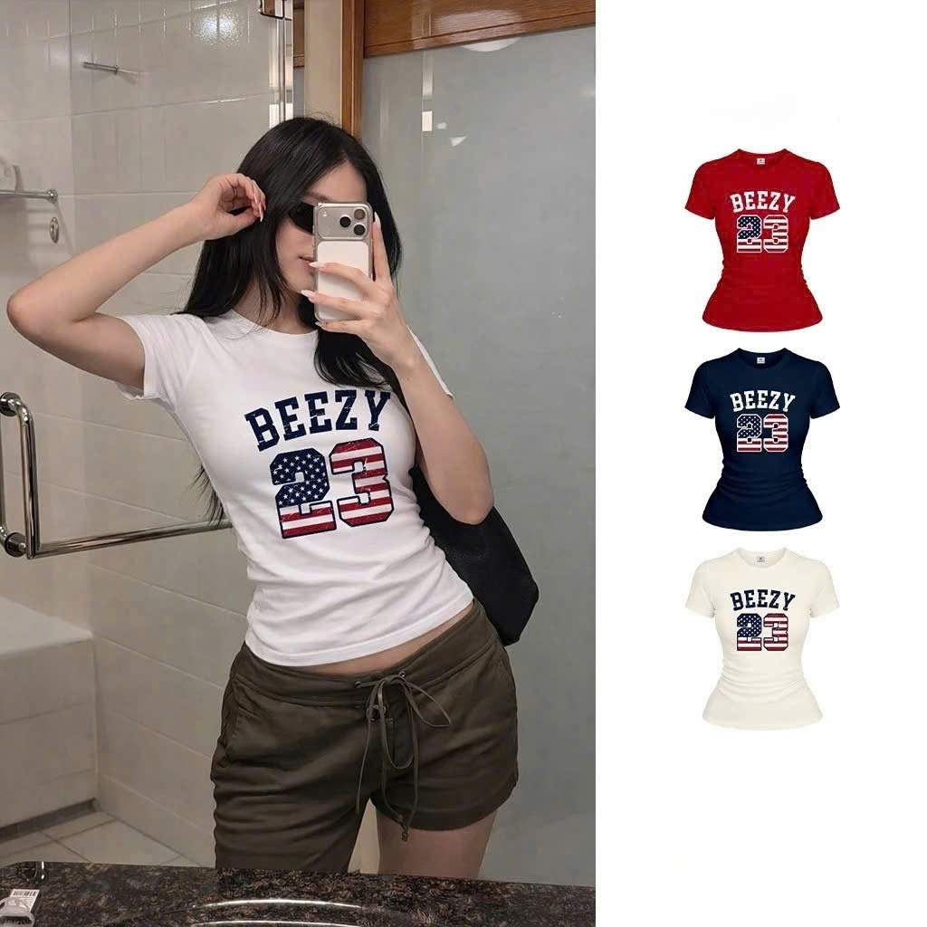 Áo croptop babytee cổ tròn xinh xắn,áo thun ôm body số 23 Beezy chất cotton co giãn cá tính phong cách Y2K