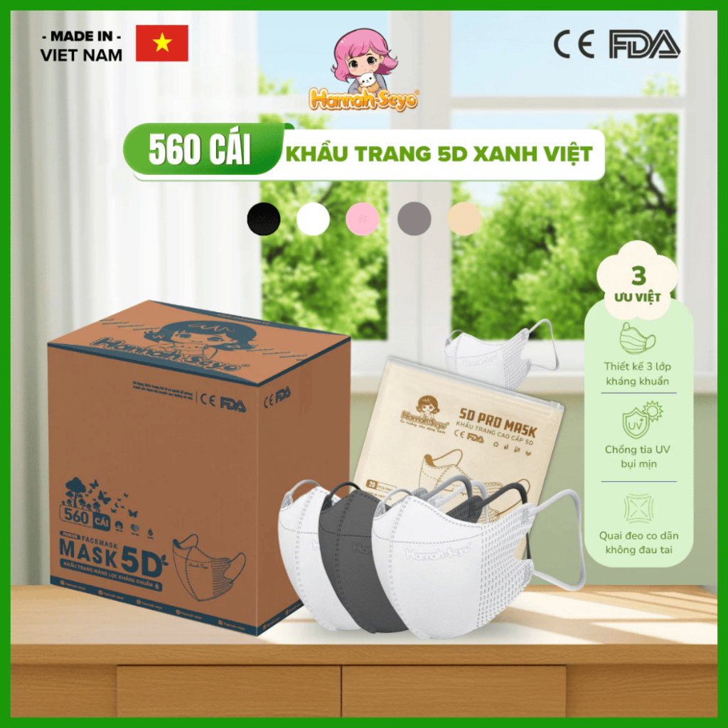 [Thùng 500/560 Chiếc] Khẩu trang 5D Hannah Seyo 3 lớp dày – Chống UV, chống nắng, bụi mịn, thoáng kh