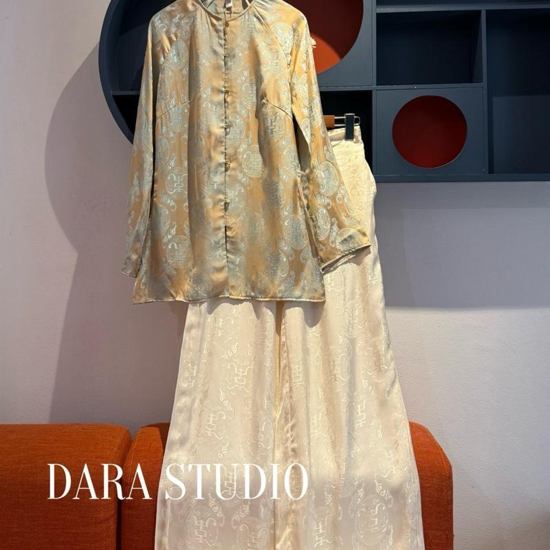 DARA STUDIO Set đồ truyền thống hoạ tiết chữ thọ mix màu tằm Chiết Giang thiết kế tinh tế và sang tr