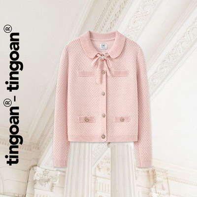 [KOL] TINGOAN® - Áo len xù dài tay cổ bẻ phối dây nơ hồng kim tuyến KELLY KOU TOP/PK