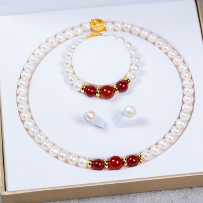 Bộ Trang Sức Ngọc Trai Mix Đá Mã Não Đỏ 9ly Sang Trọng, Thanh Lịch Làm Quà Tặng, Dự Tiệc - Ngọc Trai Trường Thịnh