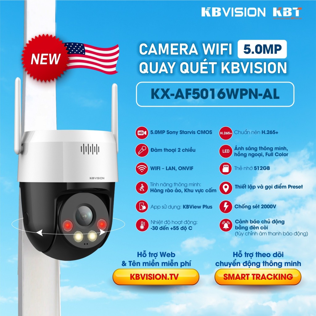 Camera wifi KBVISION KX-AF5016WPN-AL, quay quét, đàm thoại 2 chiều, full color,phát hiện chuyển động