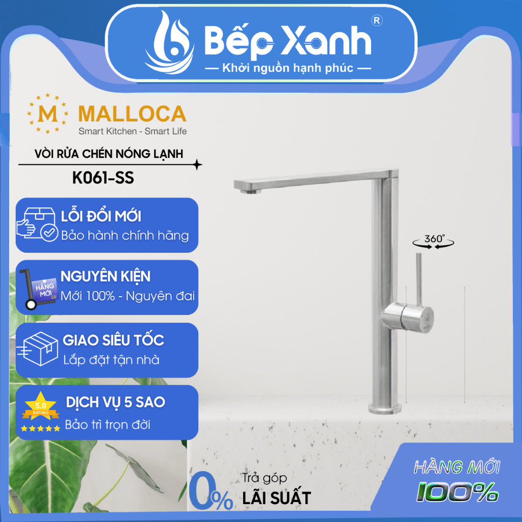 Vòi rửa chén Malloca K061-SS - Inox 304 - 2 nguồn nóng lạnh