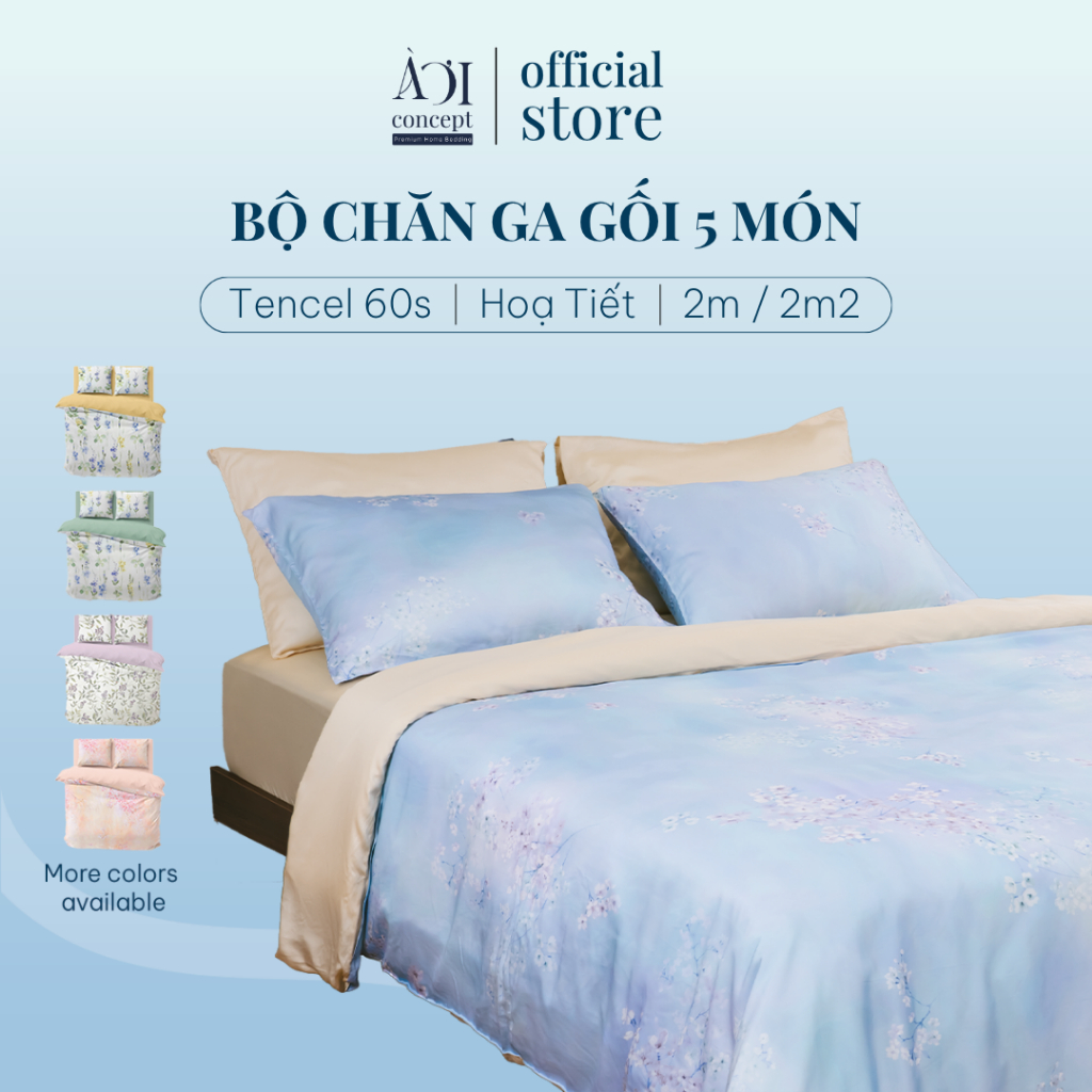 Bộ Chăn Ga Gối 5 Món Lụa Tencel Size 2mx2m 2m2x2m Nhiều Hoa Văn AOICONCEPT cao cấp Hàn Quốc