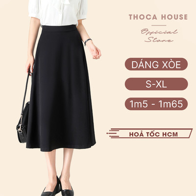 Chân váy công sở midi dáng xòe trơn đen THOCA HOUSE váy nữ thanh lịch sang trọng đi làm đi tiệc