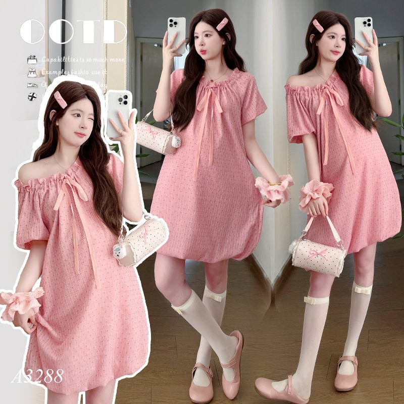 Váy đầm bầu hồng nhún A3288