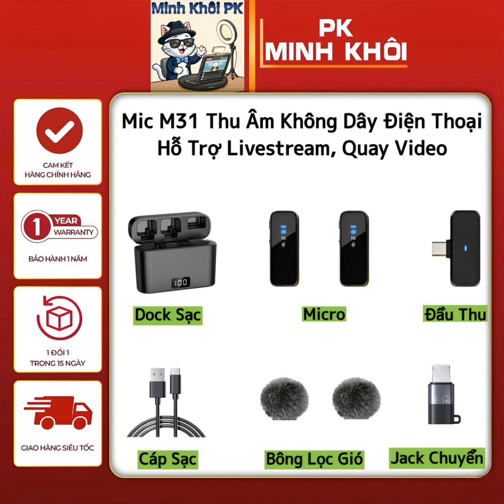 Mic M31 Thu Âm Không Dây Loại 1Mic, 2Mic  Hỗ Trợ Lọc Ồn 90% Tặng kèm Jack Chuyển + Bông Lọc