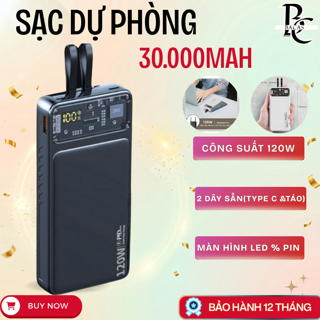 Pin Sạc Dự Phòng 30000mAh Tích Hợp 2 Dây sạc ln & typc C - Sạc Nhanh 120W Cho Mọi Loại Điện Thoại