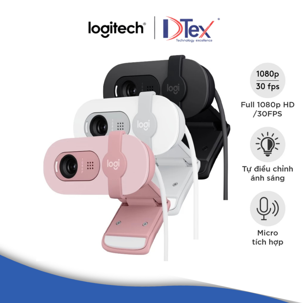 Webcam Full HD Logitech Brio 100 - Cân bằng ánh sáng, Mic, Màn chập, USB-A, Google Meet, Zoom