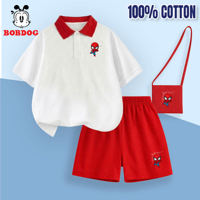 BST MARVEL Set bộ polo cộc tay bé trai BOBDOG kèm túi đeo cute in hình người nhện, người dơi cho bé