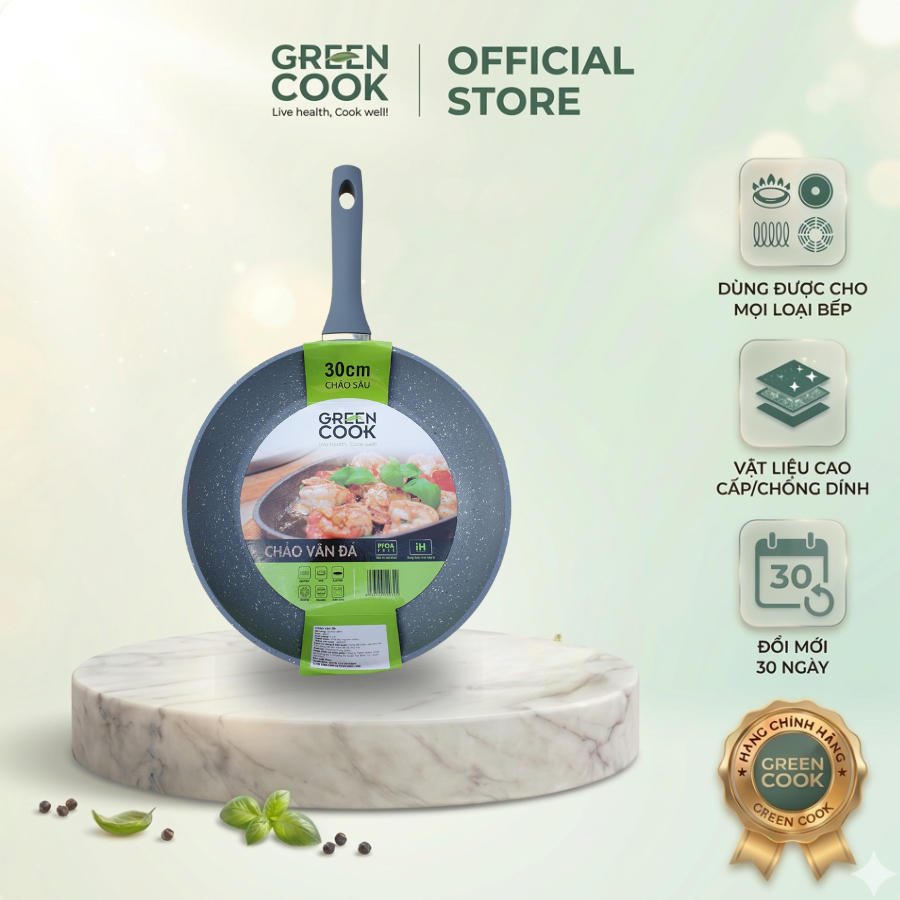 Chảo đáy từ vân đá chống dính 30cm Green Cook GCP02-30IH