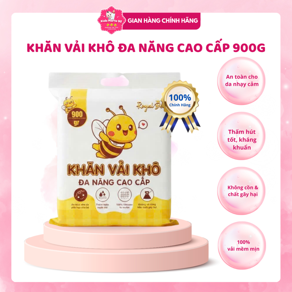 Khăn Khô Đa Năng Cho Bé Royal Bee (Gói 900g) - Sợi Vải Không Dệt Cao Cấp, Siêu Mềm Mại, An Toàn Cho Trẻ Sơ Sinh