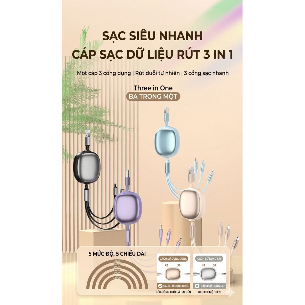 Cáp Sạc Nhanh 100W 3in1 Lightnng/Micro USB/Type-C - Thu Gọn Tiện Lợi, Dùng Cho iP, Android