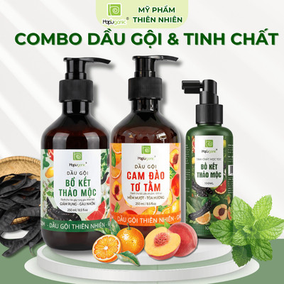 COMBO Dầu gội Bồ Kết Dầu Gội Cam Đào và Tinh Chất Mọc Tóc Gừng Bạc Hà Hapuganic