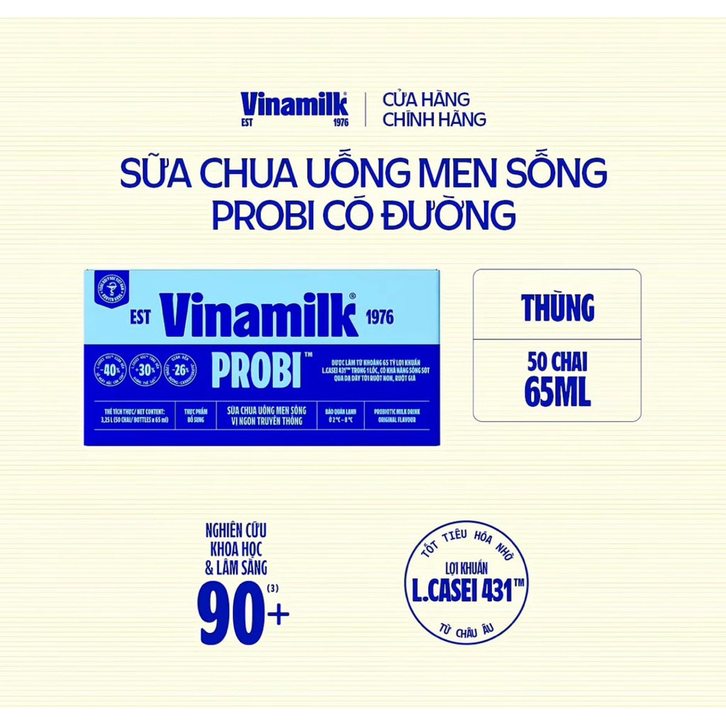 Thùng 50 Chai Sữa Chua Uống Probi Vinamilk Có Đường 65ml – 10 Lốc Probi L.Casei 431 Tăng Đề Kháng, T