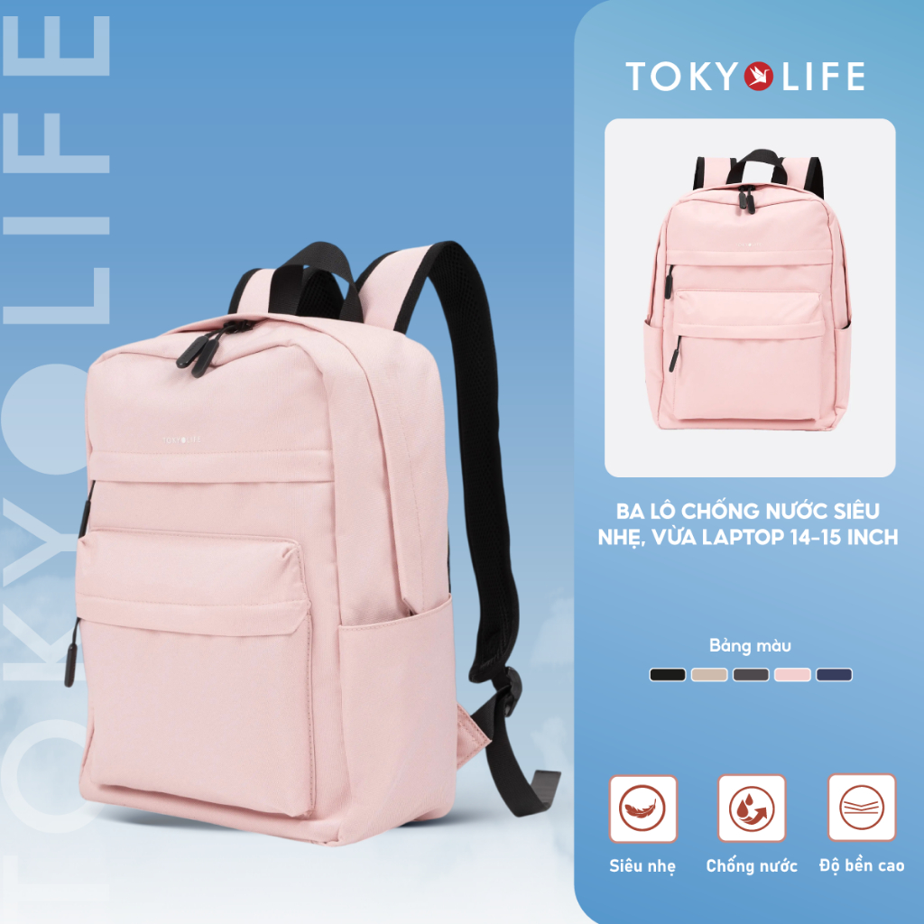 Balo chống nước thời trang TOKYOLIFE nam nữ thiết kế basic siêu nhẹ chất liệu cao cấp C8BPK001K/4000