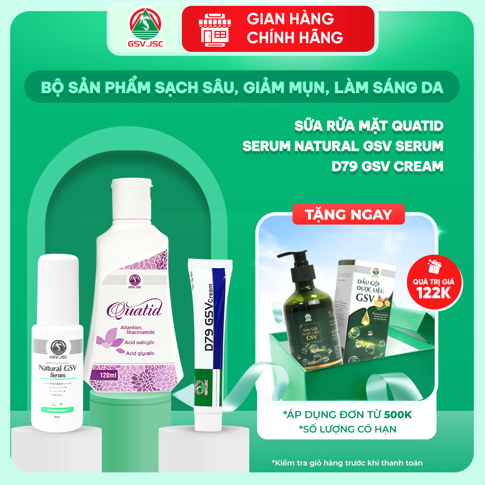 Bộ sản phẩm làm sạch sâu, giảm mụn, dưỡng sáng da D79 GSV Cream + Natural Serum + Quatid