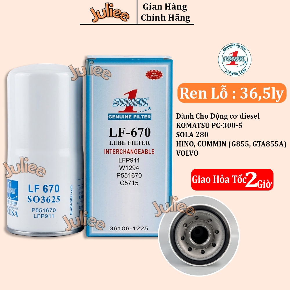 Lọc Nhớt Động Cơ SUNFIL1 LF670 SO3625 KOMATSU PC-300-5 SOLA 280 HINO,CUMMIN (G855, GTA855A) Dùng Cho