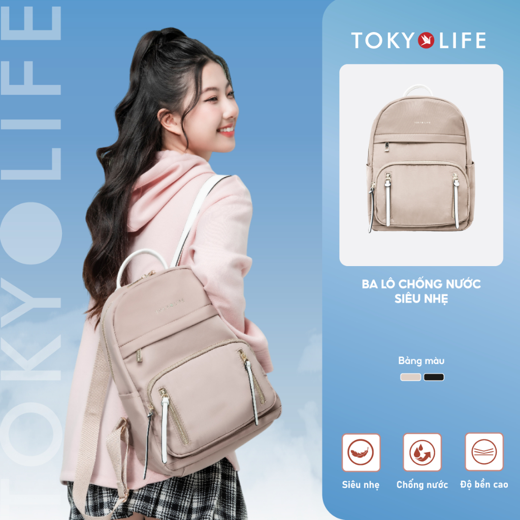 Balo đi học basic TOKYOLIFE chống nước chống thấm siêu nhẹ phong cách thời trang 40001933 (24x16x33c