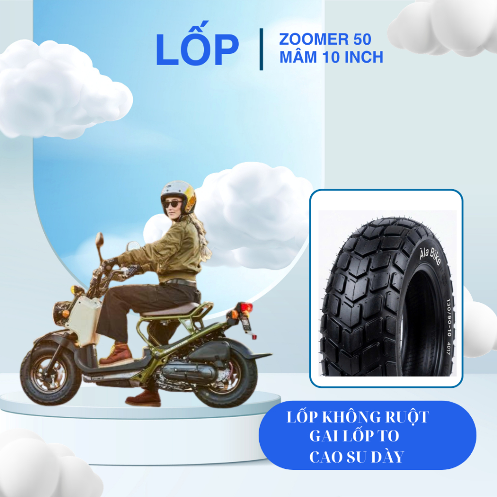 Lốp xe máy 120/90-10 130/90-10 cho Zoomer 50 mâm 10 inch vỏ không ruột bám đường