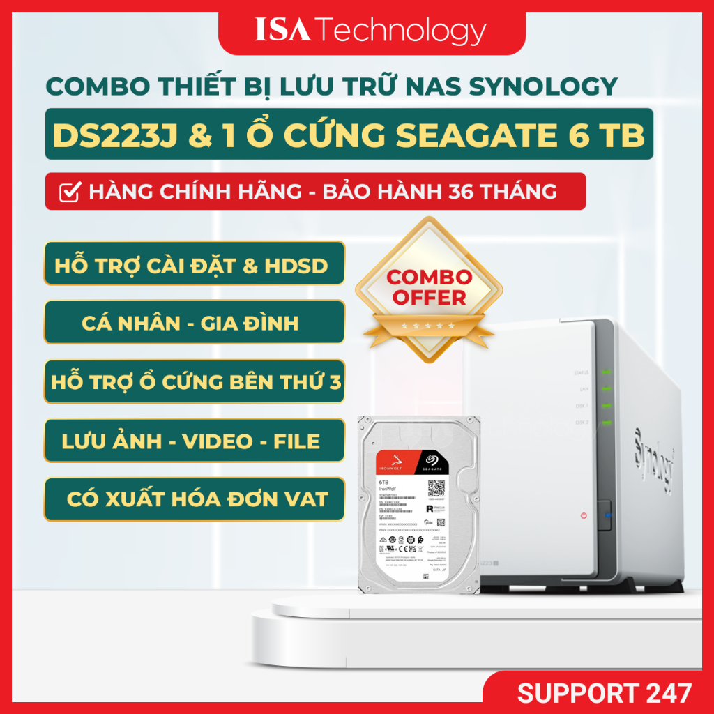 [Combo] NAS Synology DS223j + 1 Ổ Cứng Seagate IronWolf 6TB – lưu trữ dữ liệu cho cá nhân & gia đình