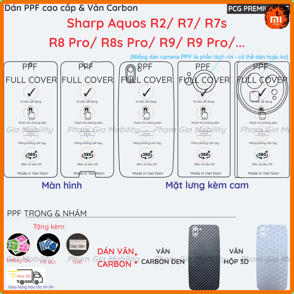 Dán PPF & Skin Carbon dành cho Sharp Aquos R9 Pro R9Pro/ R8 R8s Pro/ R7 R7s/ R2 loại trong, nhám cho