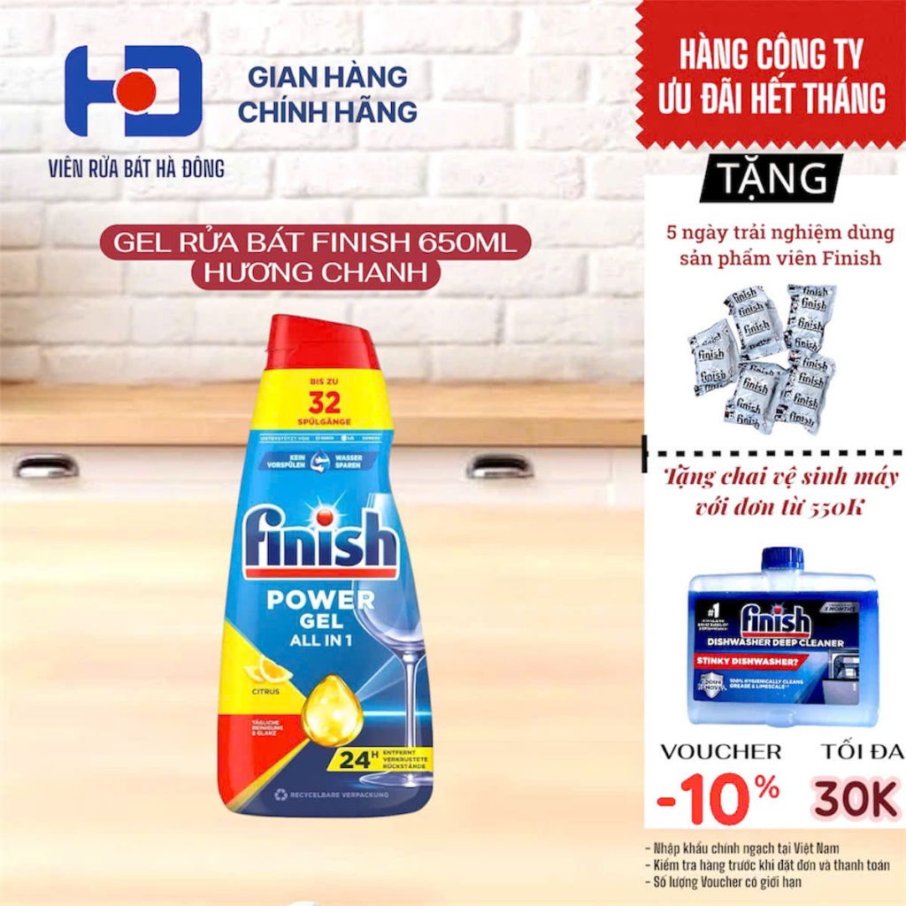 Gel rửa chén bát Finish Power All in 1 650ml hương chanh [HÀNG CHÍNH HÃNG CÔNG TY]