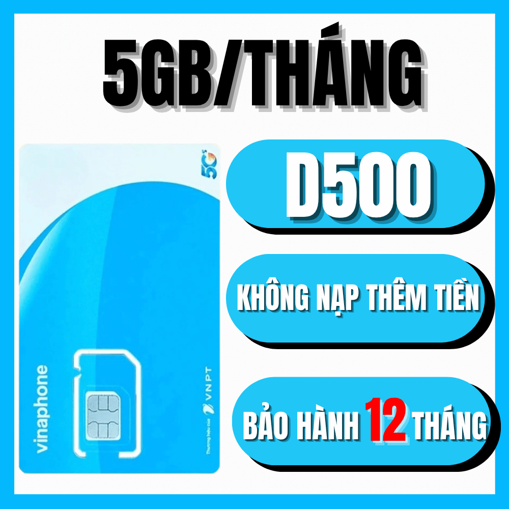 ESim Vina D500 Trọn Gói 1 Năm Sim 4G VinaPhone Miễn Phí Data Vào Mạng Free 5GB/Tháng