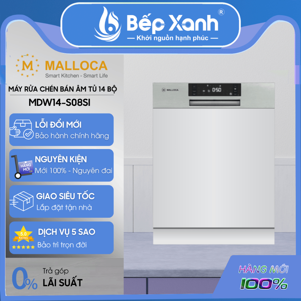 Máy Rửa Chén Bán Âm Malloca MDW14-S08SI - 14 bộ chén dĩa - Hàng chính hãng