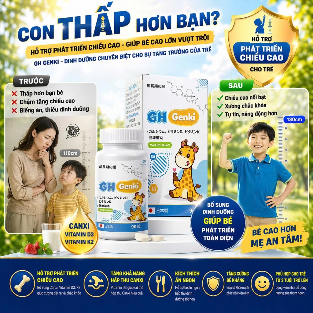 Viên Nhai GH Genki Japakids Hỗ Trợ Tăng Chiều Cao Tối Ưu Nhật Bản Bổ Sung Canxi, D3 Cho Trẻ