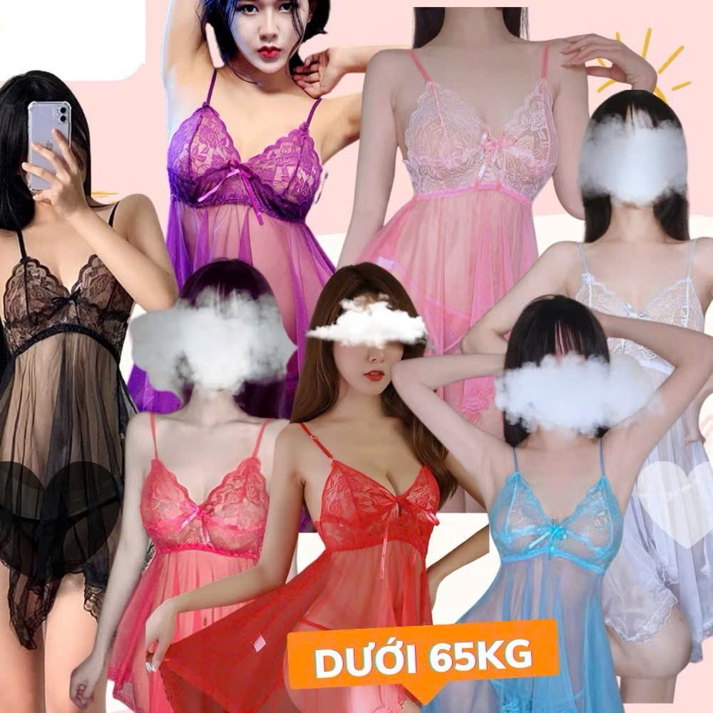 Bộ đồ váy ngủ nữ ren đuôi cá xuyên thấu - Đầm ngủ 2 dây ren kèm quần lot khe MS 001