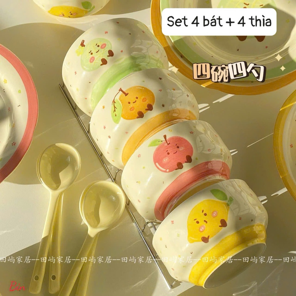 SET 4 BÁT KÈM 4 THÌA HÌNH HOA QUẢ SIÊU DỄ THƯƠNG 🎀 Anan.2store