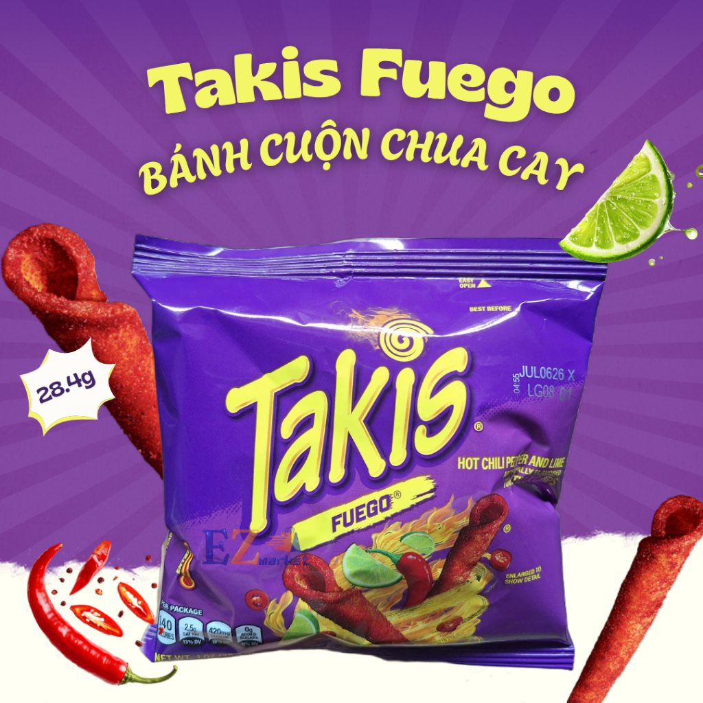 Bánh Snack Takis cuộn Fuego Chua Cay 28g (06.12.2026) Hot Chilli Pepper Lime tortilla chips