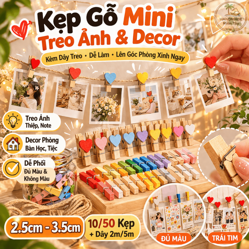 Kẹp Gỗ Mini Treo Ảnh Kèm Dây Thừng 5m, Combo 50 Kẹp Decor Phòng Vintage Handmade, Treo Ảnh
