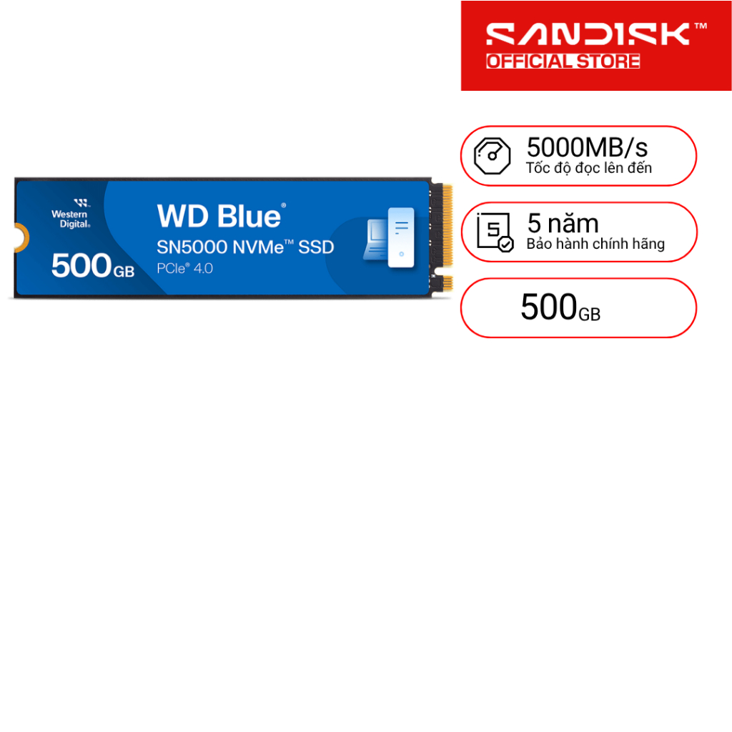 SSD gắn trong WD 500GB Blue SN5000 PCle Gen4x 4 NVMe M.2 - Bảo Hành 5 năm