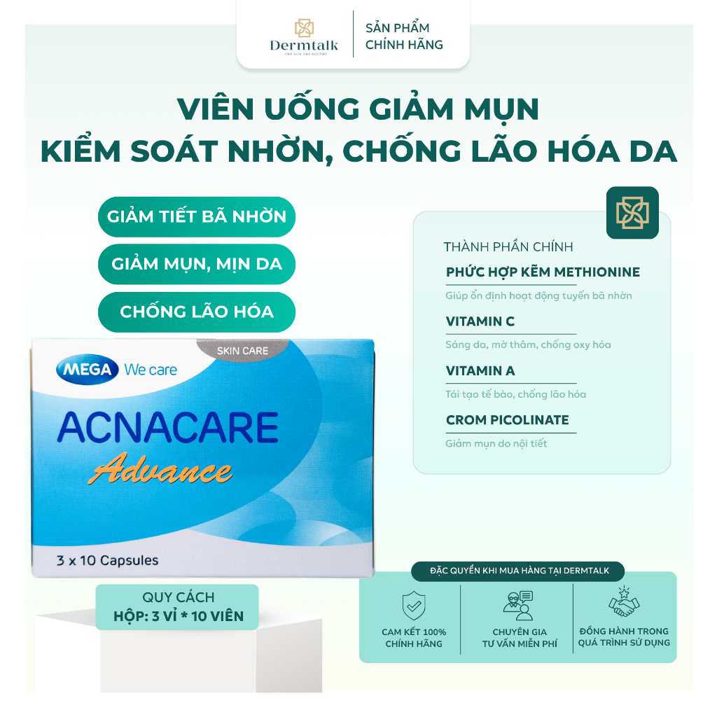 Viên uống giảm mụn, giảm nhờn, chống lão hóa da Acnacare Advance (Hộp 30 Viên) - Giải pháp giảm mụn,